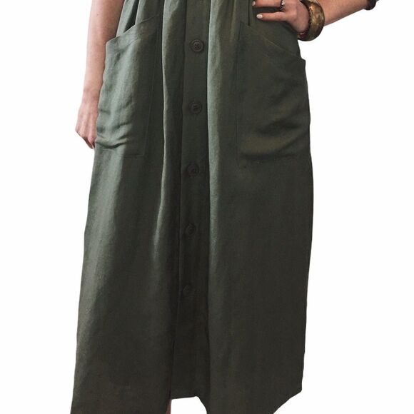 NWT THEKORNER Khaki Green Linen Long Blend Dress - Picture 7 of 10